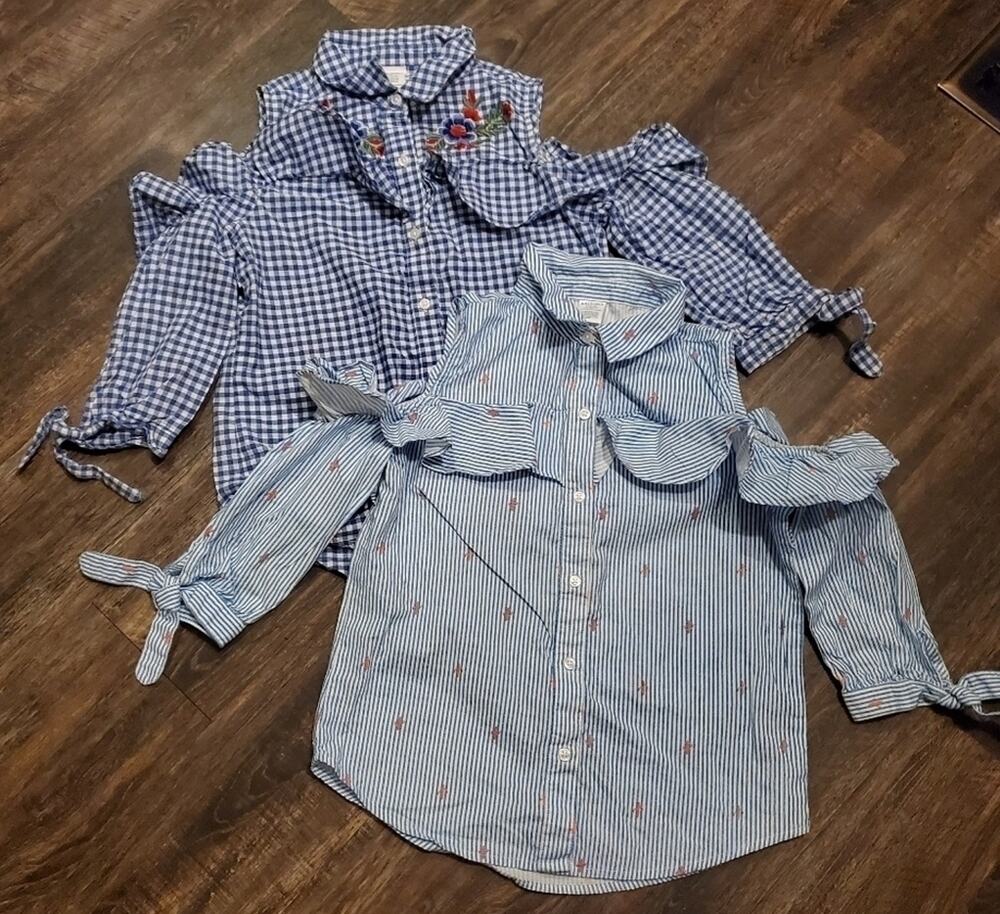 Bundle of 2 Girls Cold Shoulder button down striped and Gingham shirts 10/12